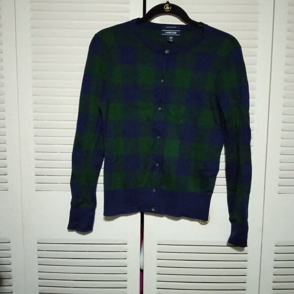 LANDS' END Navy Blue Green Plaid Check Cardigan Sweater SP 6-8 S Ladies Supima - Picture 2 of 6